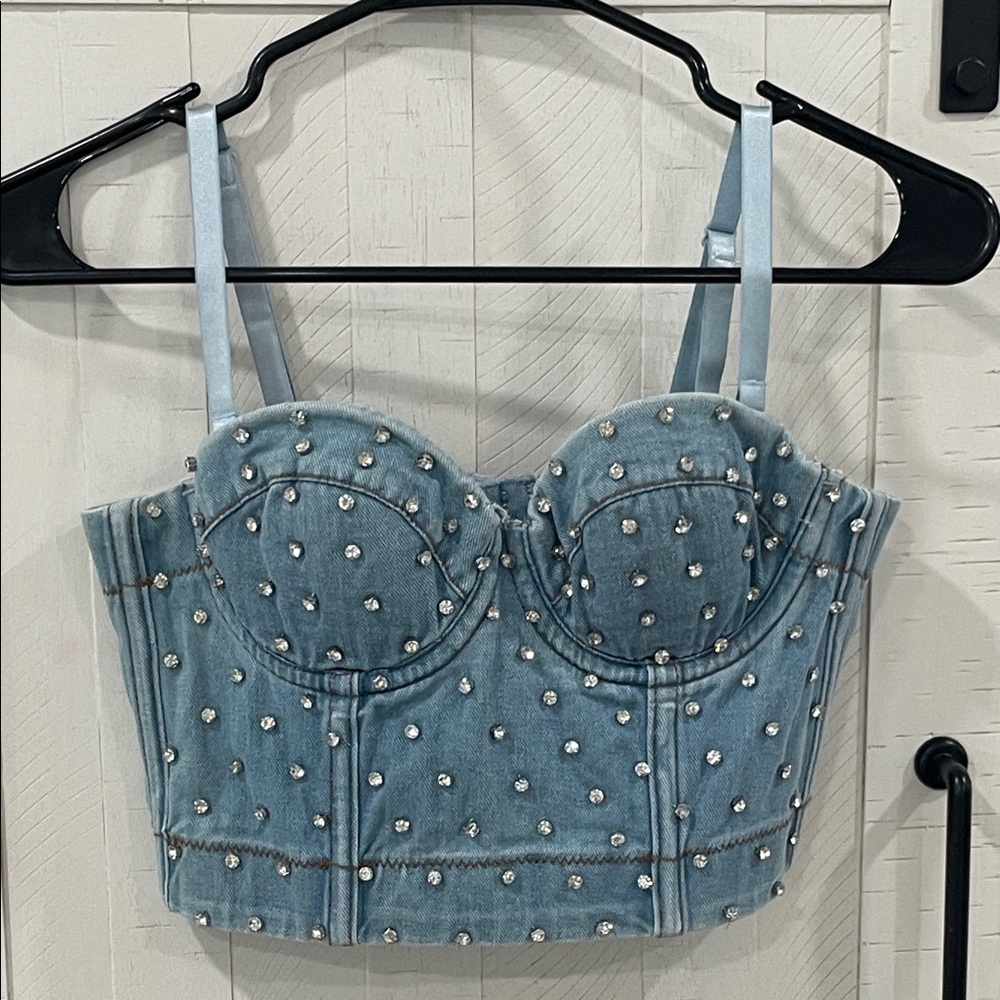 Rhinestone Studded Denim Bustier Corset Top